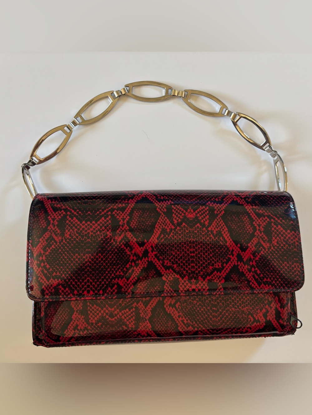 Faux Snakeskin Red Black Clutch Purse w/Chain Handle and Built In Wallet Slots